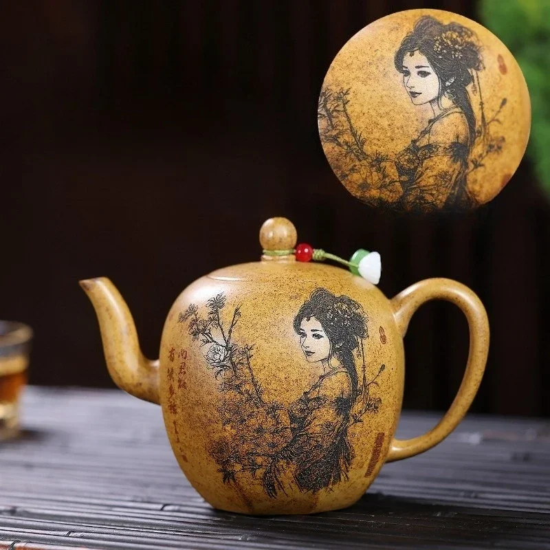 Yixing Zisha Teapot Made From Raw “Dragon Bone” Gold Sand with “Beauty's Shoulder” Design Tea Set