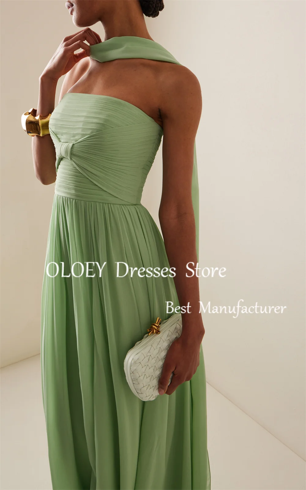 OLOEY Strapless Green Evening Gown Pleats Chiffon Floor Length Formal Dress With Scarf Prom Party Maxi Dress Zip Back Customized