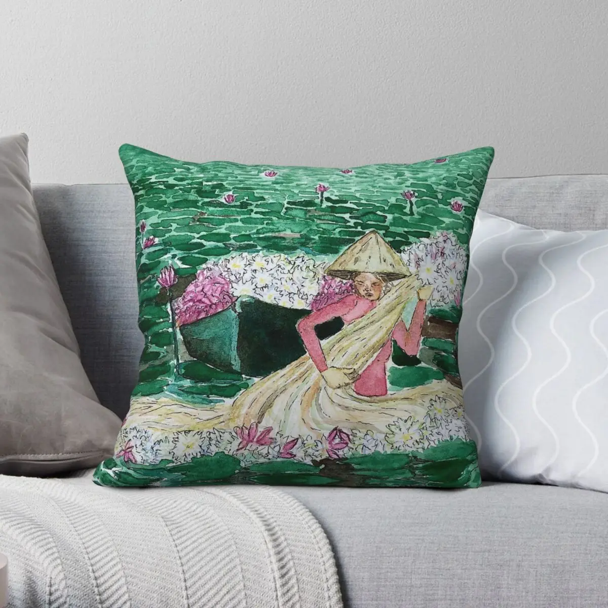 Lady Harvesting Water Lillies Vietnam Square Pillowcase Polyester Linen Velvet Printed Zip Decor Room Cushion Cover 18