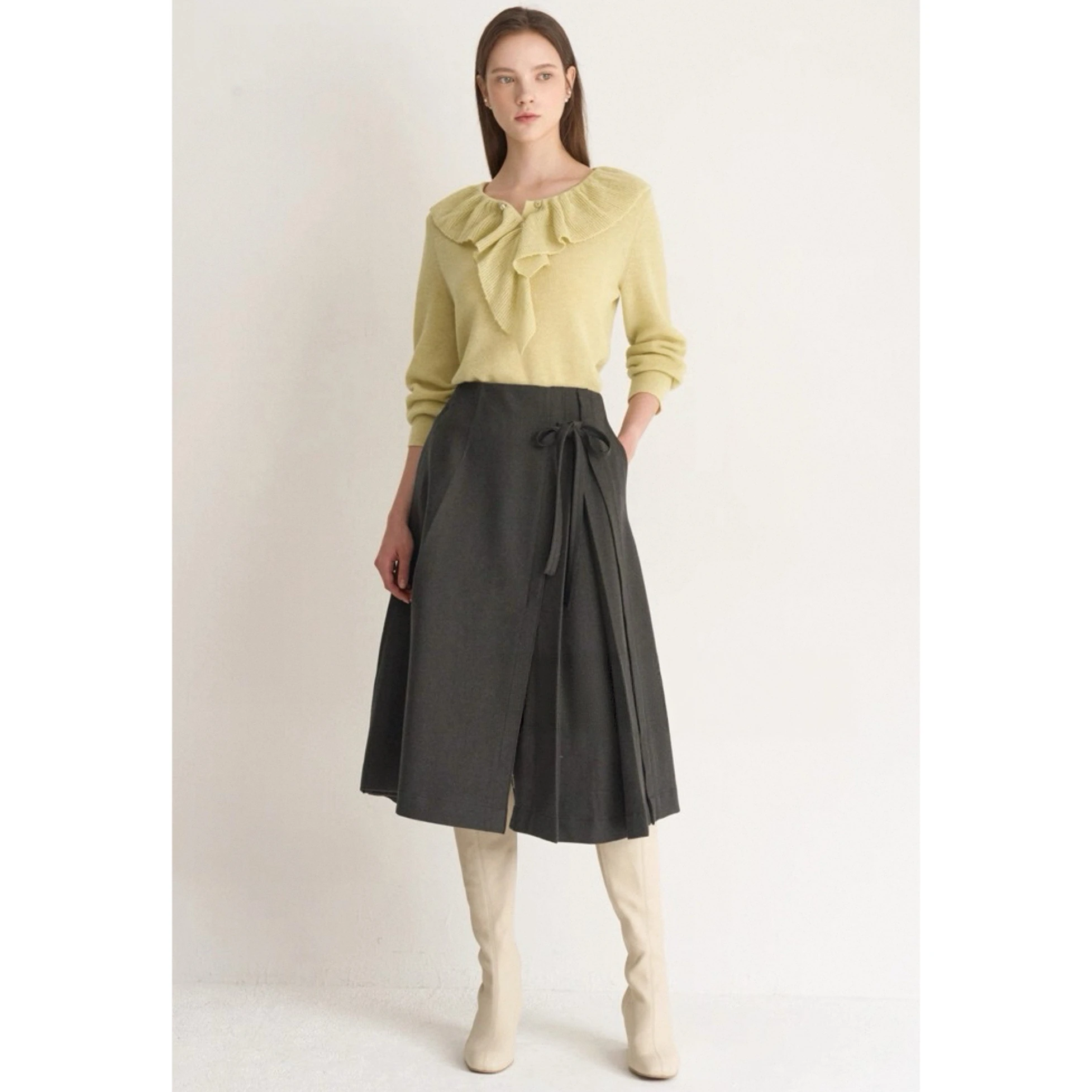 Faionable الليمون الجبن MIN25 الخريف الصوف محبوك سترة الوقوف طوق جرس Sve التخسيس تنوعا تخفيف Sle طويل Sve