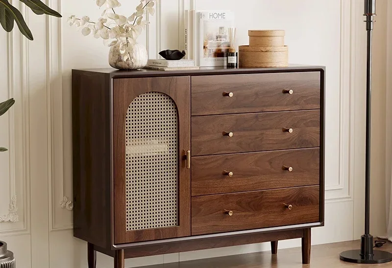 Living room retro rattan solid wood legs locker chest cabinet