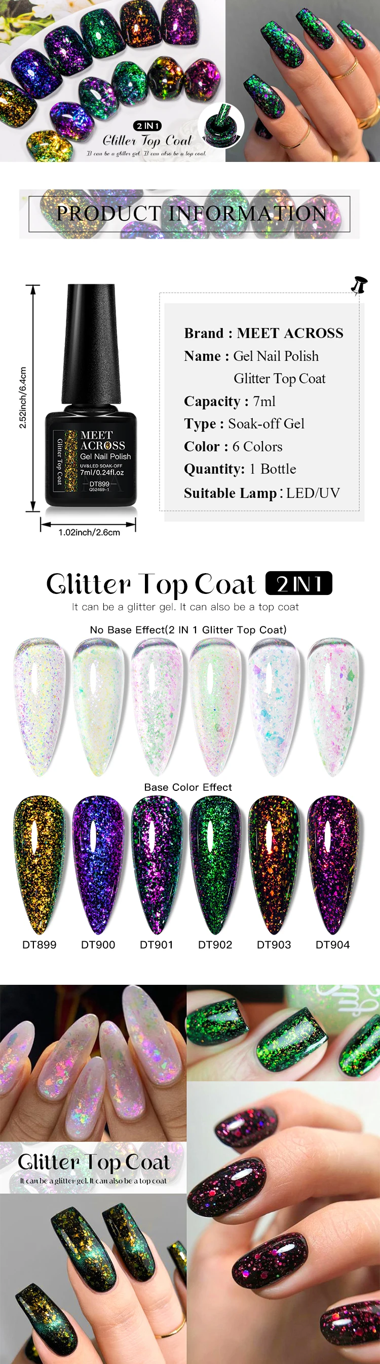 Description Picture 2 of itemMEET ACROSS 7ml Glitter Top Coat Brocade Powder Gel Nail Polish 2 In 1 Chameleon Function UV LED Nail Art Varnish Soak Off Nails