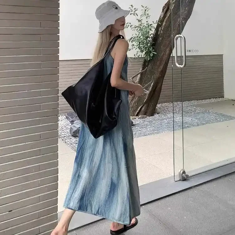 Women Tie Dye Stripe Sleeveless Spaghetti Strap Loose Casual Maxi Dress For Beach Vacation
