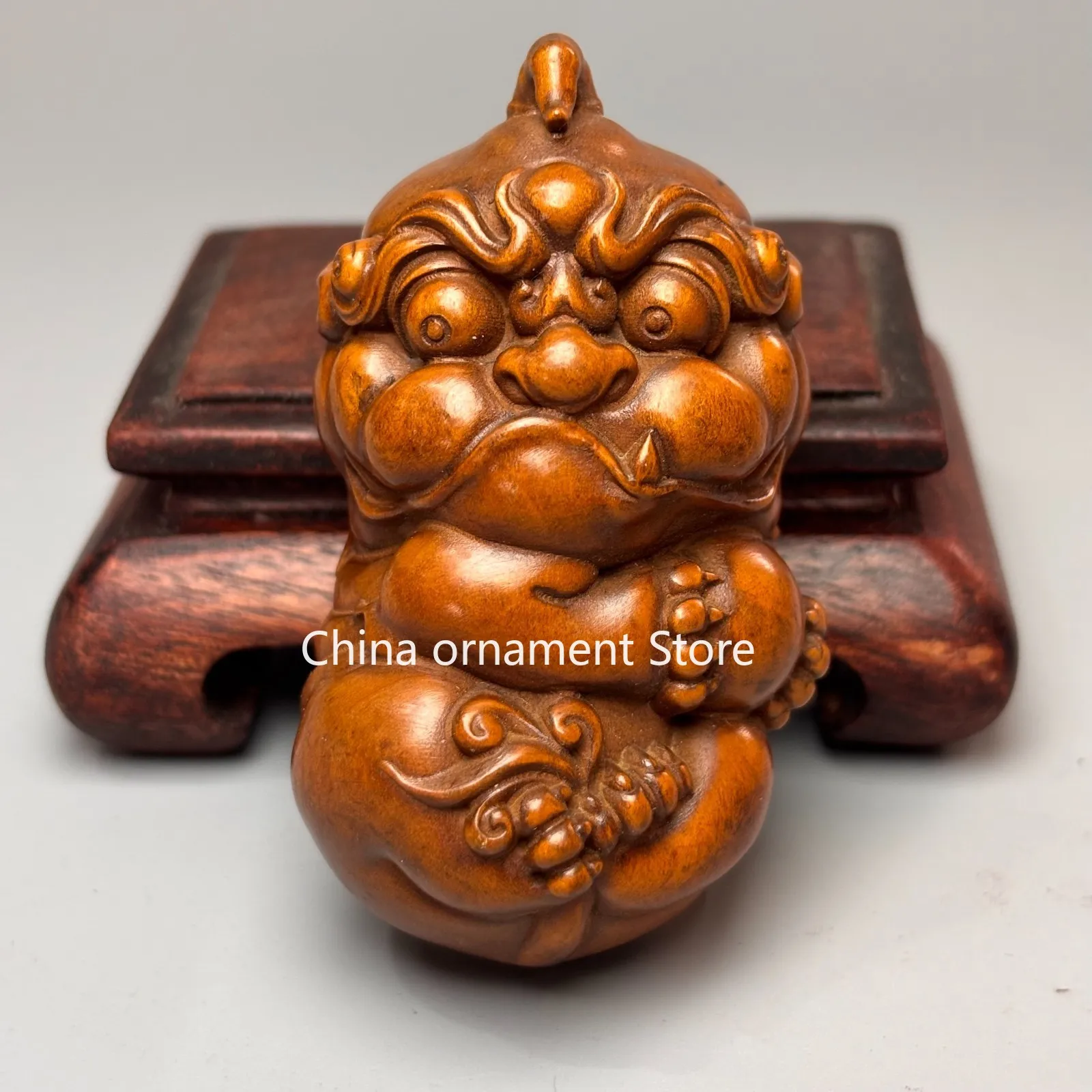 70mm China Exquisite Boxwood Hand-Carved Dragon Pixiu Qilin Beast Statue W553