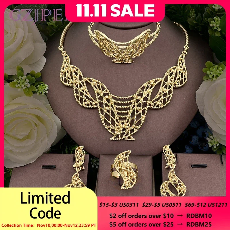 

African Gold Color Big Jewelry Set Exaggerate Large Necklace Bracelet Long Earring Ring Set For Women Birthday Gifts 2025 New