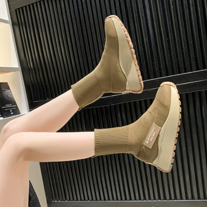 Mulheres meias botas de malha elasticidade tornozelo botas plataforma antiderrapante deslizamento em botas versáteis sapatos vulcanizados zapatos para mujeres