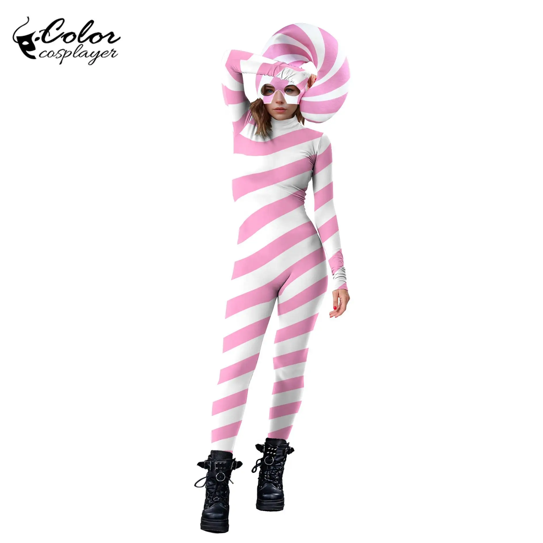 Color Cosplayer Pink Candy Cane Jumpsuit Stripe Cosplay Costume Halloween Outfit Festival Xmas Bodysuit Christmas Party Zentai