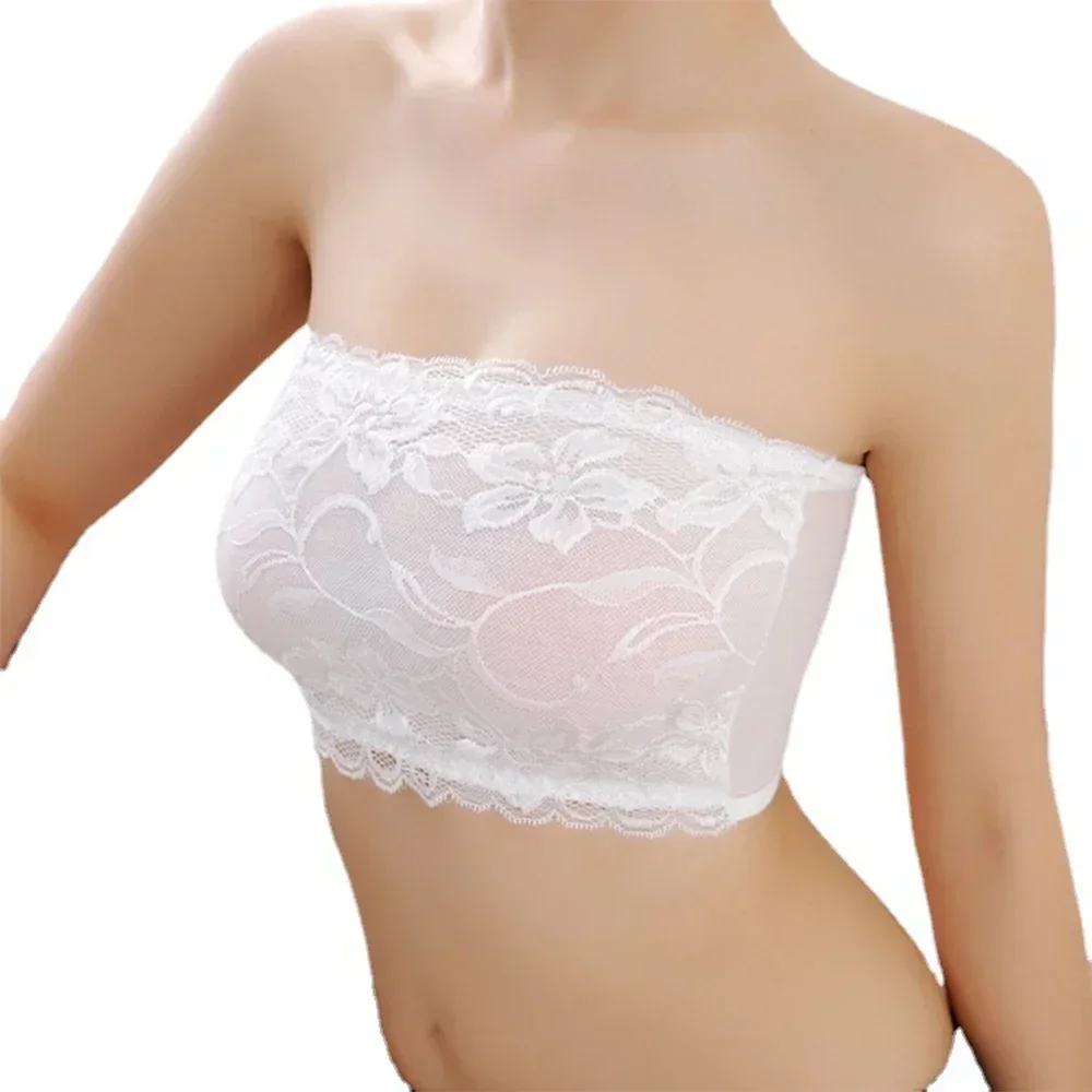 Women Ladies Tube Bra Top Lace Sheer Ultra-thin Sexy Strapless Seamless Underwear Brassiere Lingerie Invisible