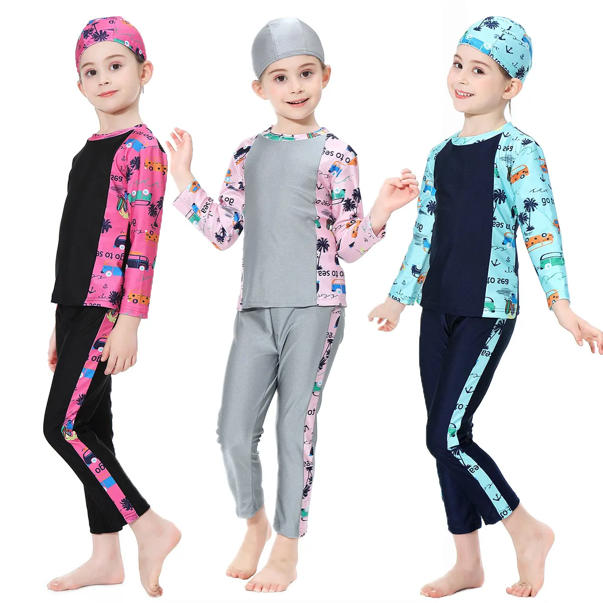 Cartoon Printing Islamic Muslim Swimwear Burkini for Girls Children 2-16Y 90-160cm 3pcs/set Quick Dry