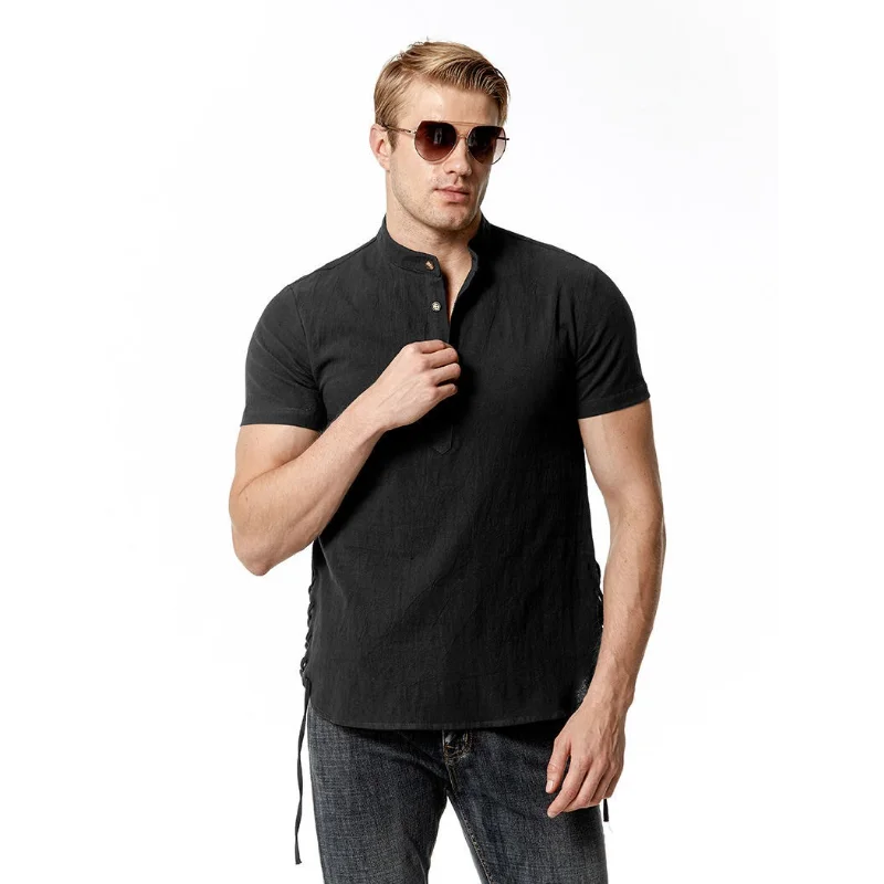 Cotton Beach Shirt Men's Casual Standing Collar Slim Short-sleeved