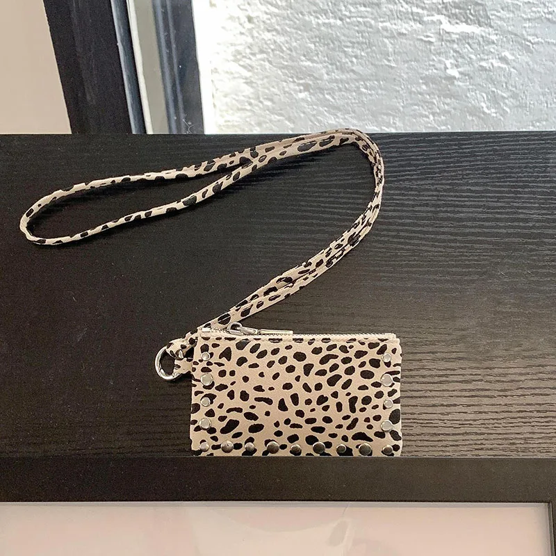 New Studded Shoulder Bag Mini Credit Card Holder Leopard Coins Purses for Women Handbag Wallet Rivet Pendant Crossbody Bags