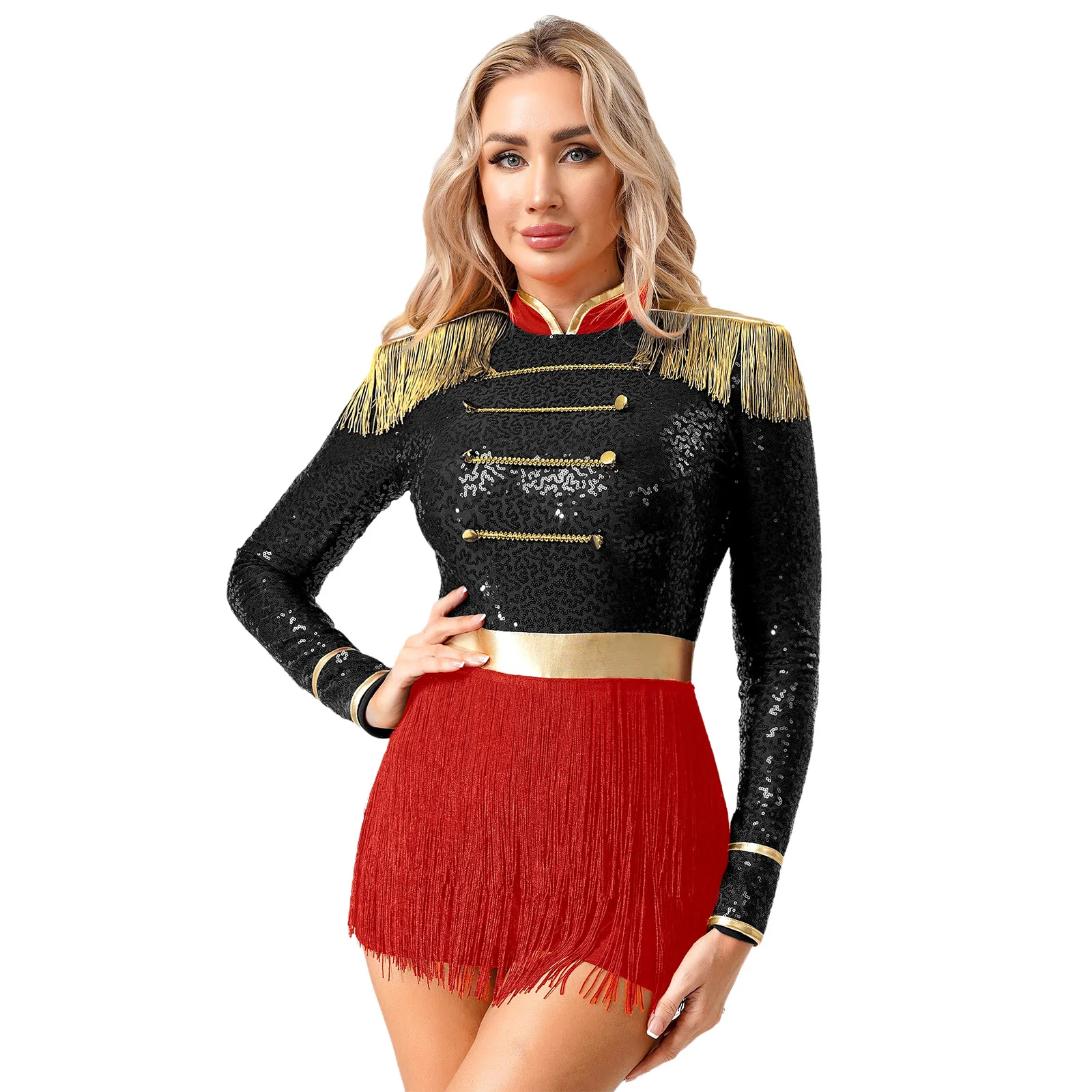 

Women Circus Ringmaster Stage Performance Uniforms Tassel Fringe Sequins Rompers for Masquerade Party Magician Showing Outfits