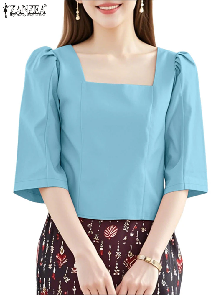 

ZANZEA Элегантные женские вечерние блузки для офиса, женские блузки с квадратным вырезом и рукавами 3/4, блестящие атласные Mujer, осенние модные однотонные короткие топы