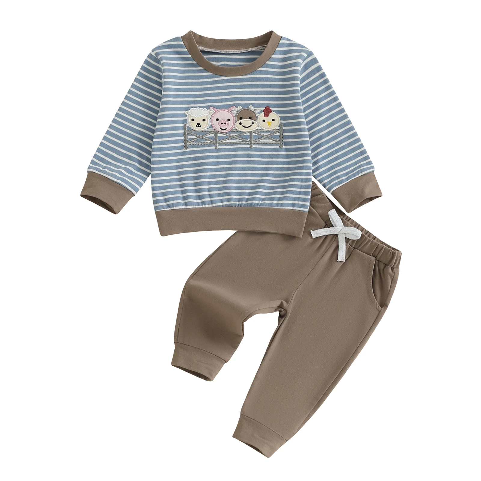 

Комплект одежды из двух предметов для маленьких мальчиков, полосатый топ с длинными рукавами и круглым вырезом с вышивкой животных и штаны с эластичной резинкой на талии для игр