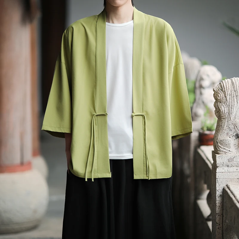 

Chinese Style Summer Outfit Set Breathable Solid Color 3/4 Sleeve Knot Button Kimono Shirt Combo Loose Fit Asia Fusion Wear 5XL