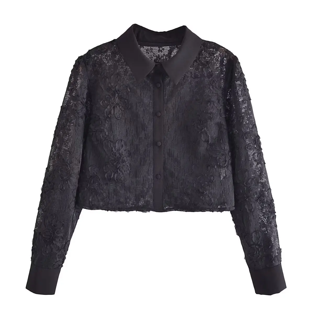 

European and American style 2026 autumn new cardigan top women's black lapel convex flower short long-sleeved shirt