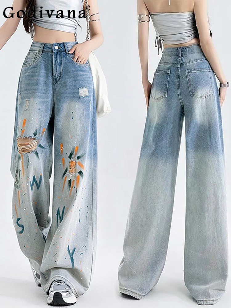 

Large Size 2XL-6XL American Personality Women Summer Ripped Jeans Fashion High Waist Leisure Korean Versatile Wide-leg Pants
