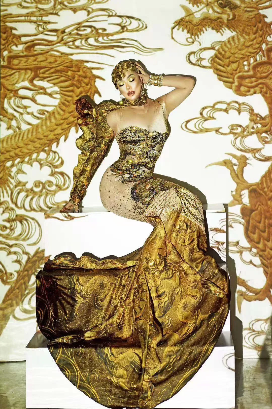 

luxury rhinestones Gold Dress ruched 3D print one shoulder Long Mermaid Elegant Evening designer clothes drag queen stage outfit