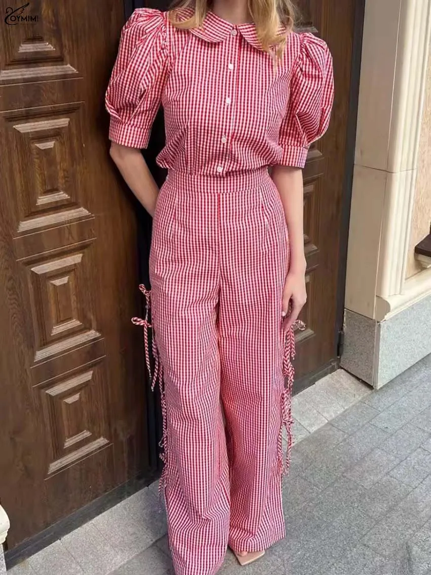 

Oymimi модный комплект из двух предметов с красным принтом, женские элегантные рубашки с короткими рукавами и пуговицами с высокой талией, комплект брюк на шнуровке с боковым разрезом