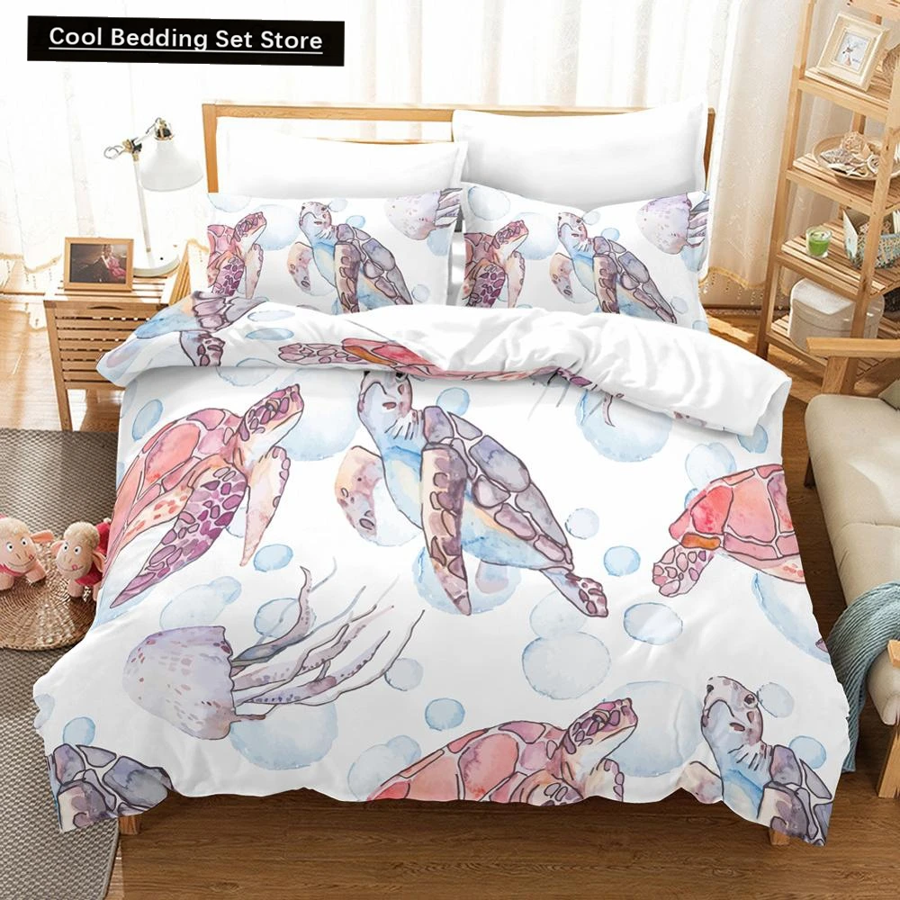 Sea Turtle Duvet Cover Set Pillow Cases Ocean Animal Turtle Bedding Set Queen Twin Kids Home Textiles Map Coral Quilt Cover King