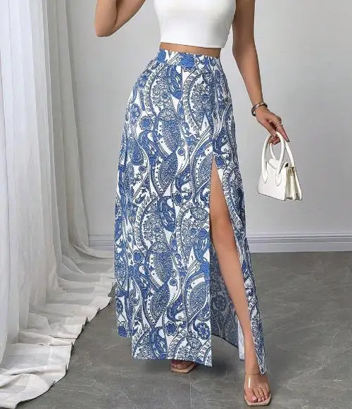 

Summer Casual Women's Half Skirt Beach Vacation Skirt Vintage Floral Print High Waist Slit Loose A-Line Half Skirt Long Skirt
