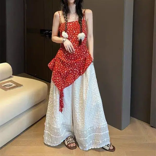 

Simple elastic heavy industry hollow plaid pants lace splicing lazy wide-leg pants vacation style design casual pants