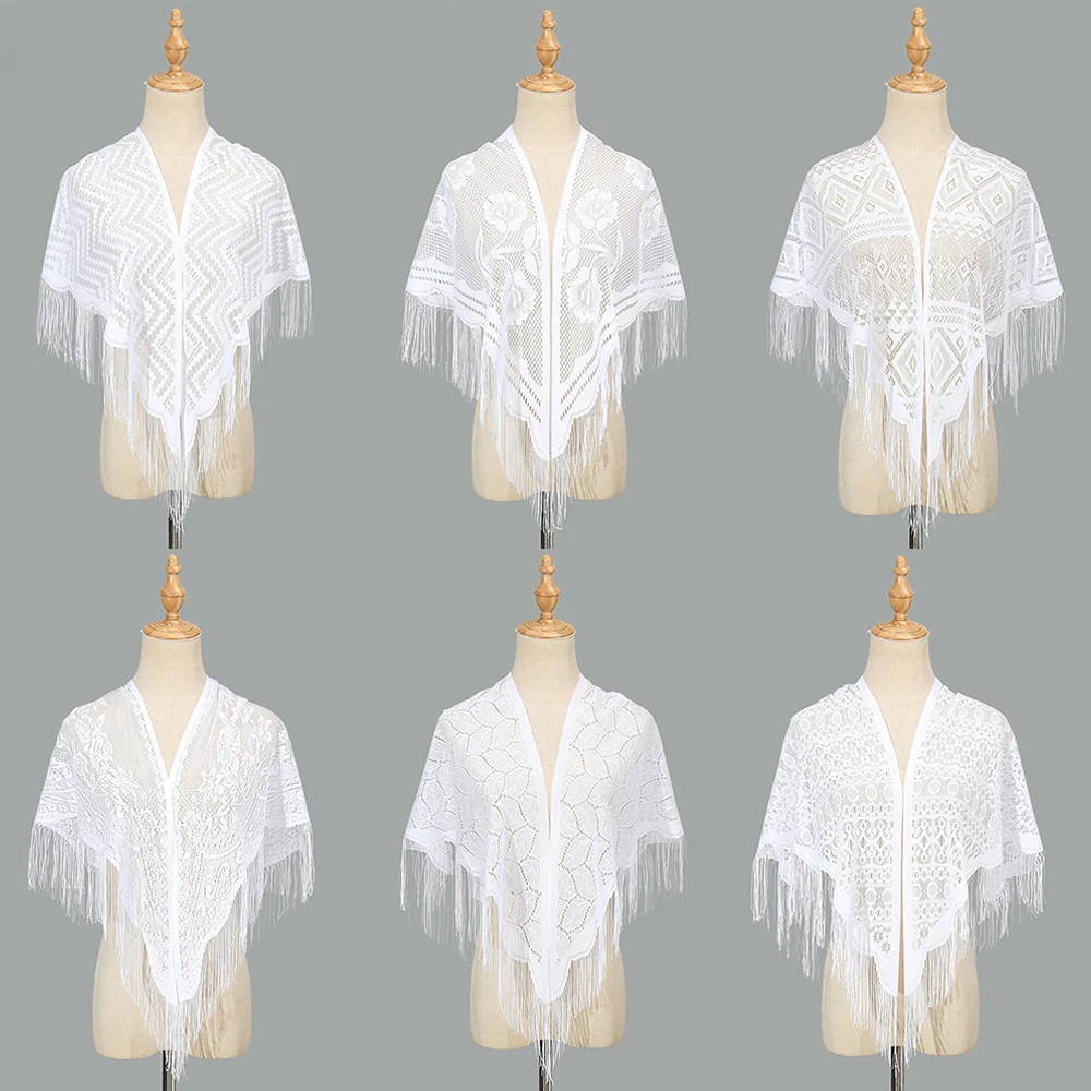 White Women Lace Hollow Out Tassel Triangle Scarf Spanish Mantilla Lace Catholic Veil Chapel Scarf For Church Shawl Woman Veil