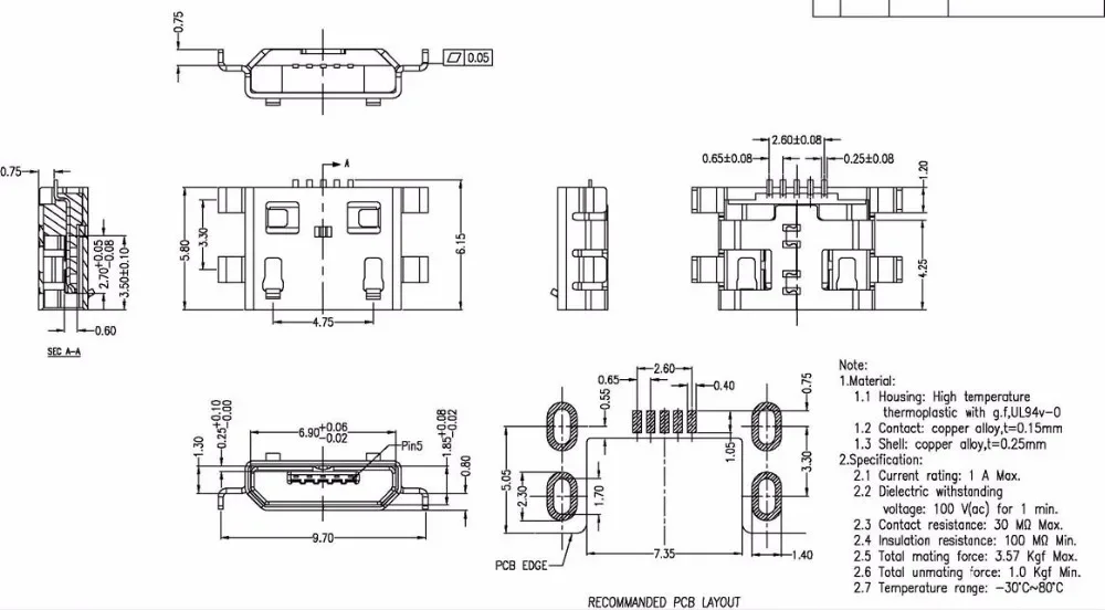 50pcs Micro USB 5pin 0.8mm no side B type Flat mouth without curling side Female Connector For Mobile Phone Mini USB Jack