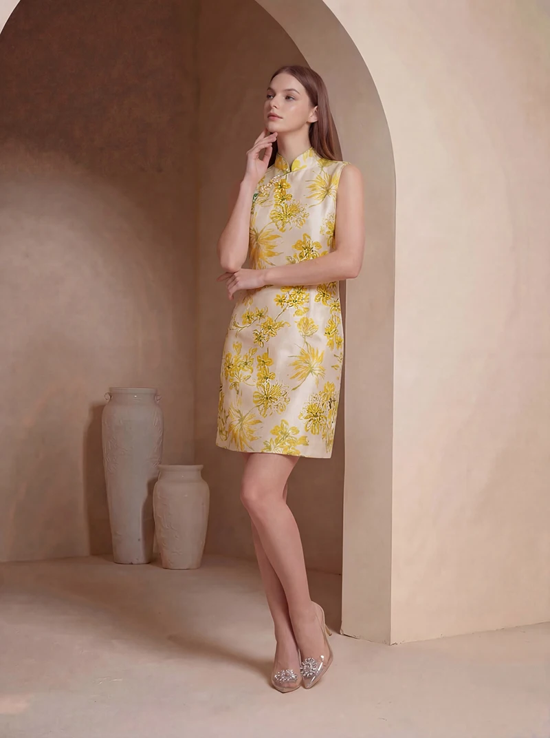 MIUXIMAO 2026 Chinese styles Slim  Summer Dress  Yellow Flower Leaf Jacquard A-Line Mini Diamonds Dress Women Vestido Fashion