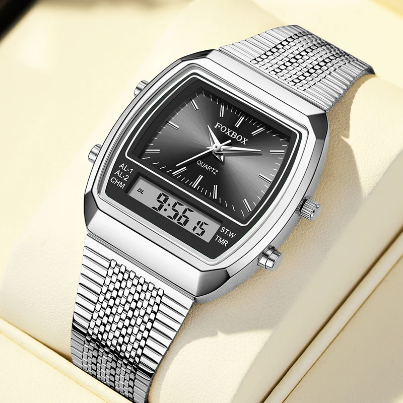

Мужские часы FOXBOX 2026, новые, роскошные, модные, цифровые, кварцевые, водонепроницаемые (30 м), стальные, подарок для мужчин, Reloj Hombre