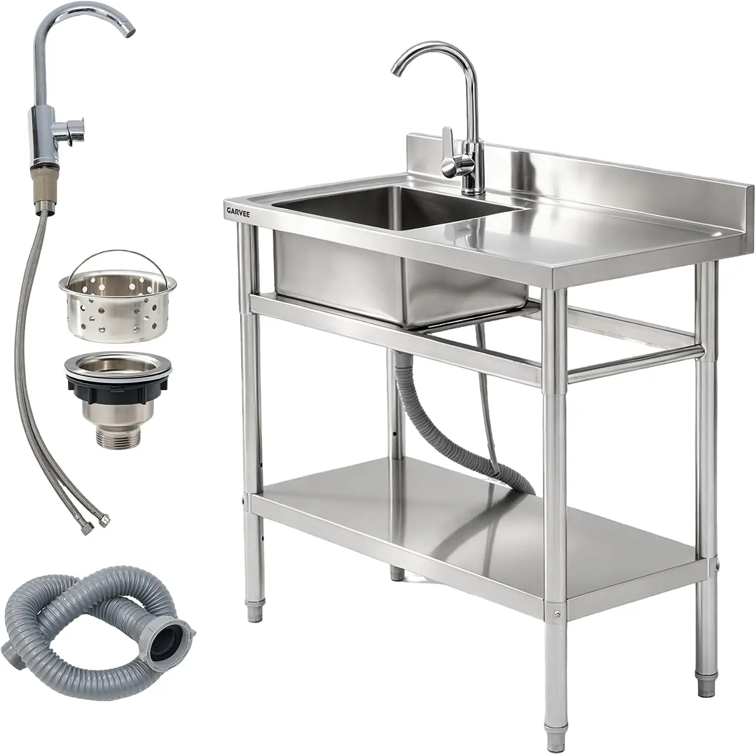 Freestanding Stainless Steel Commercial Sink Mobile Cleaning Station With Work Table And Hot Cold Swivel Faucet X Flow Fast Drain Storage Shelf For Food Truck Outdoor Kitchen Garage Workshop