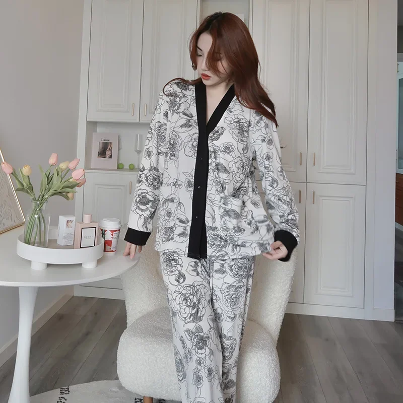 Prints Floral Sleepwear Women Long Sleeve Pajamas Sets Japanese Button Cardigan Homewear Loungewear Two-piece Suits Nightwear