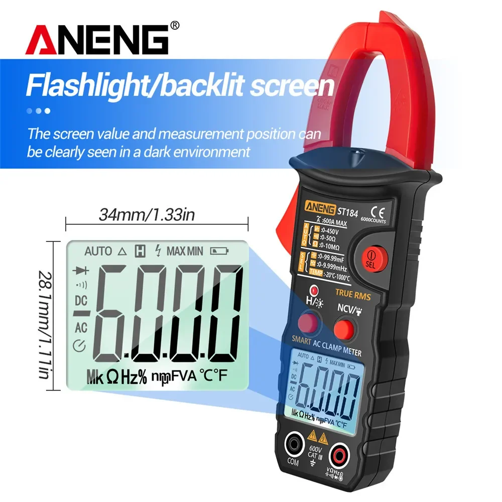 ANENG ST184 6000 Counts Digital Professional  Multimeter Clamp Meter True RMS AC/DC Voltage Tester AC Current Hz Capacitance Ohm