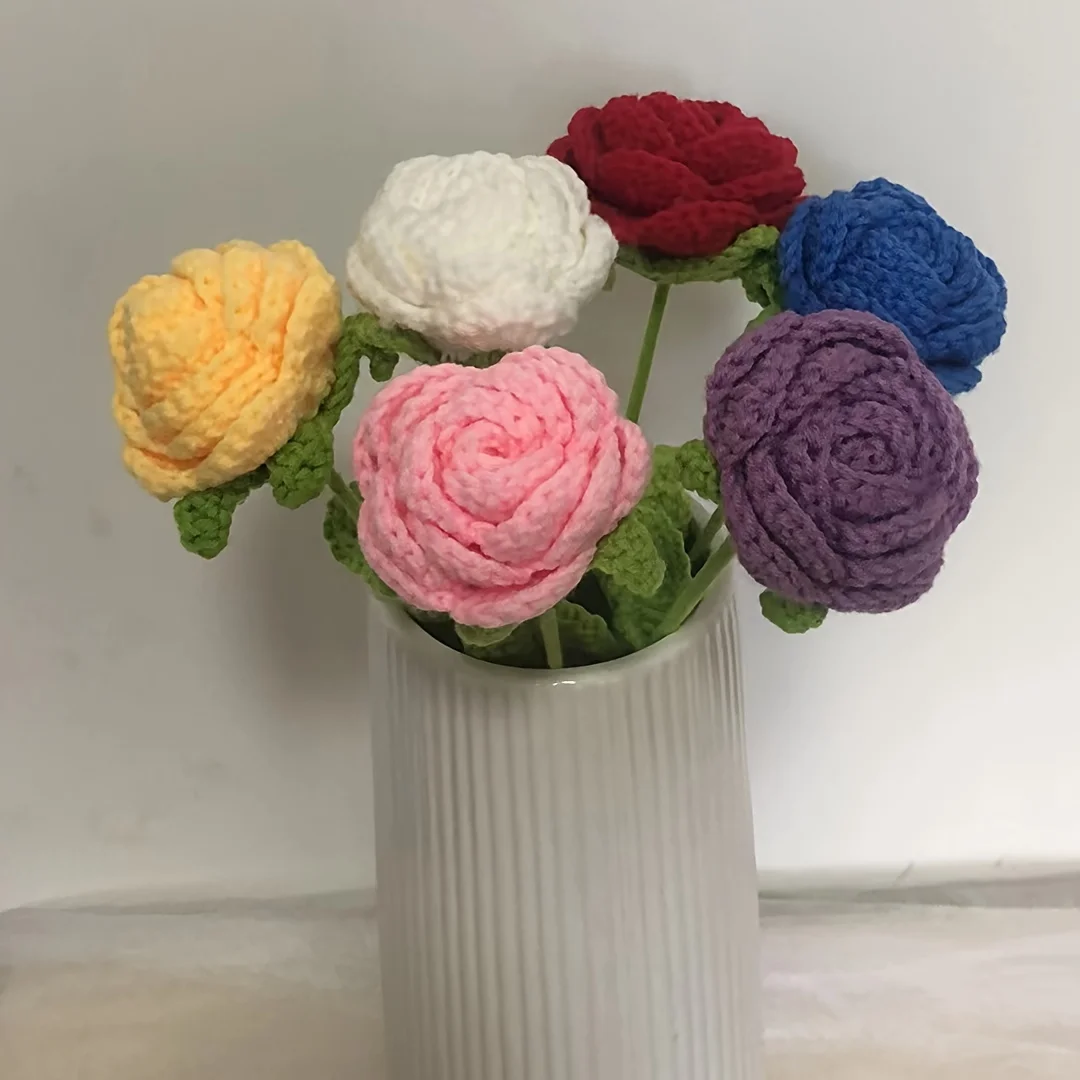 6pcs Knitted Artificial Rose Flower, Crochet Flowers Hand Woven Rose With Long Stem Rose Bouquets For Floral Arrangements Party