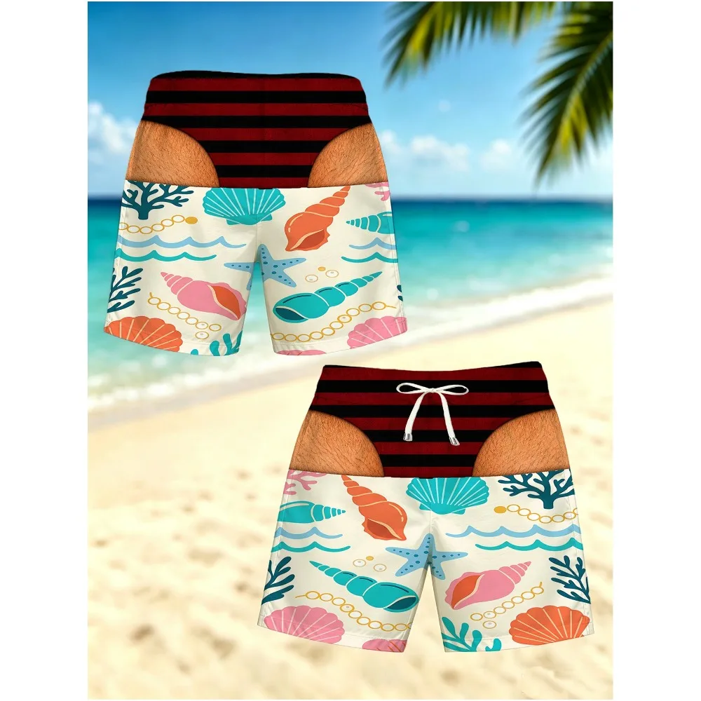 Men Funny Optical Illusion Swim Trunks Red Black Striped Fake Thong Boardshorts Colorful Seashell Starfish Coral Ocean Print