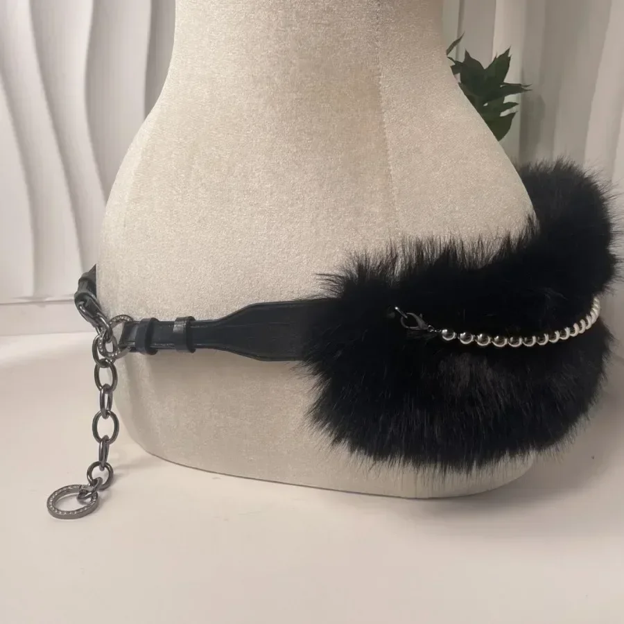 Vintage Faux Fur Belts Y2K Metal Bead Chain Plush Waist Chain Furry Fur Sexy Cowgirl Waistband Punk Belt Jeans for Night Club