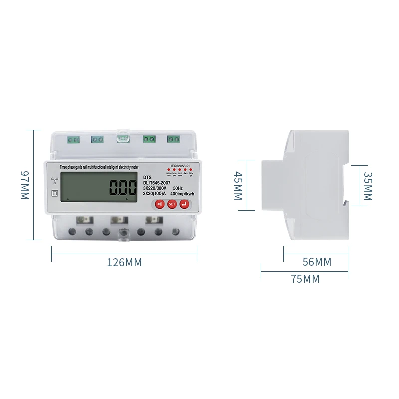 Three Phase Guide Rail Multifunctional Inteligent Electricity Meter LCD 3×220/380V 100A With RS485 Wattmeter Meter