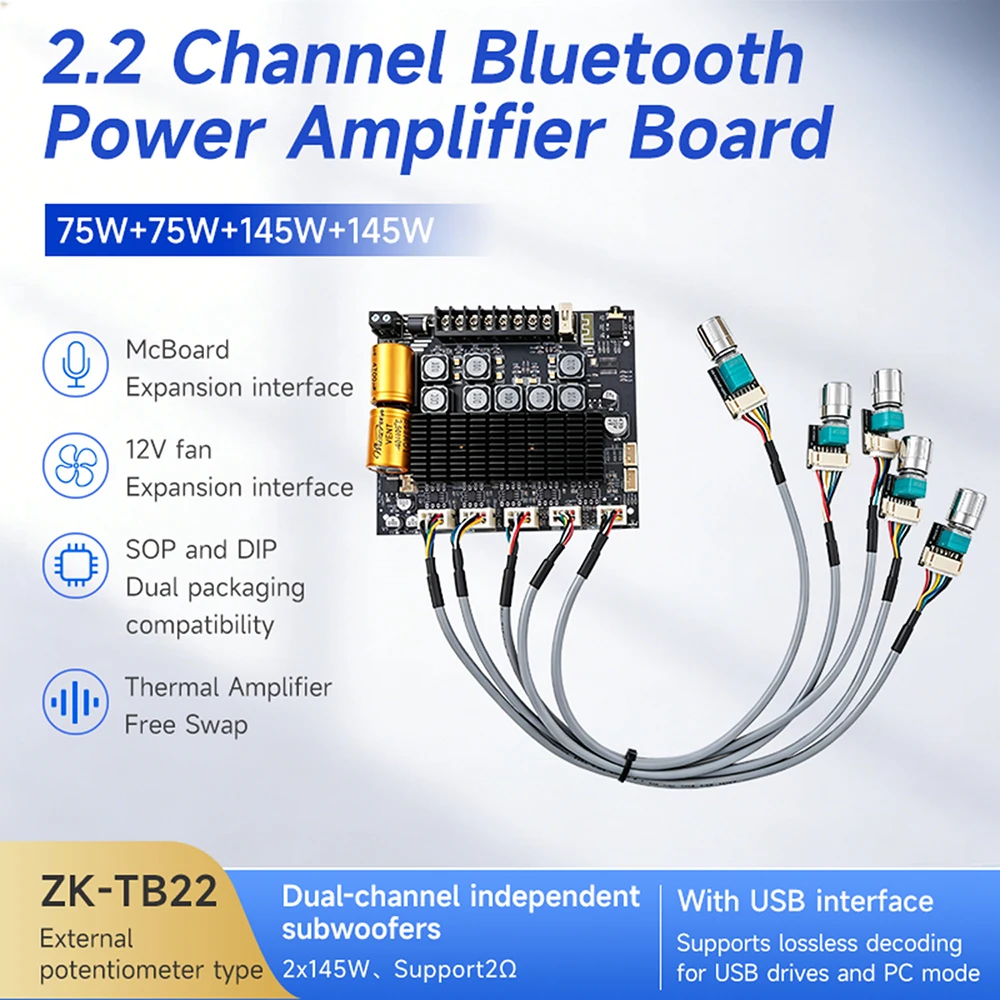 Placa Amplificadora Bluetooth ZK-TB22 de 2.2 Canais com Subwoofer Duplo, Módulo Amplificador de Áudio DC12–24 V, 75W+75W+145W+145W