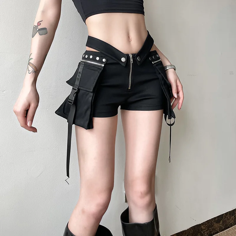 Goth Dark Streetwear Hot Pants Y2K Fashion Big Pockets Low Waist Shorts Women Alt Bottoms Mall Gothic Slim Short Pants Punk Pant