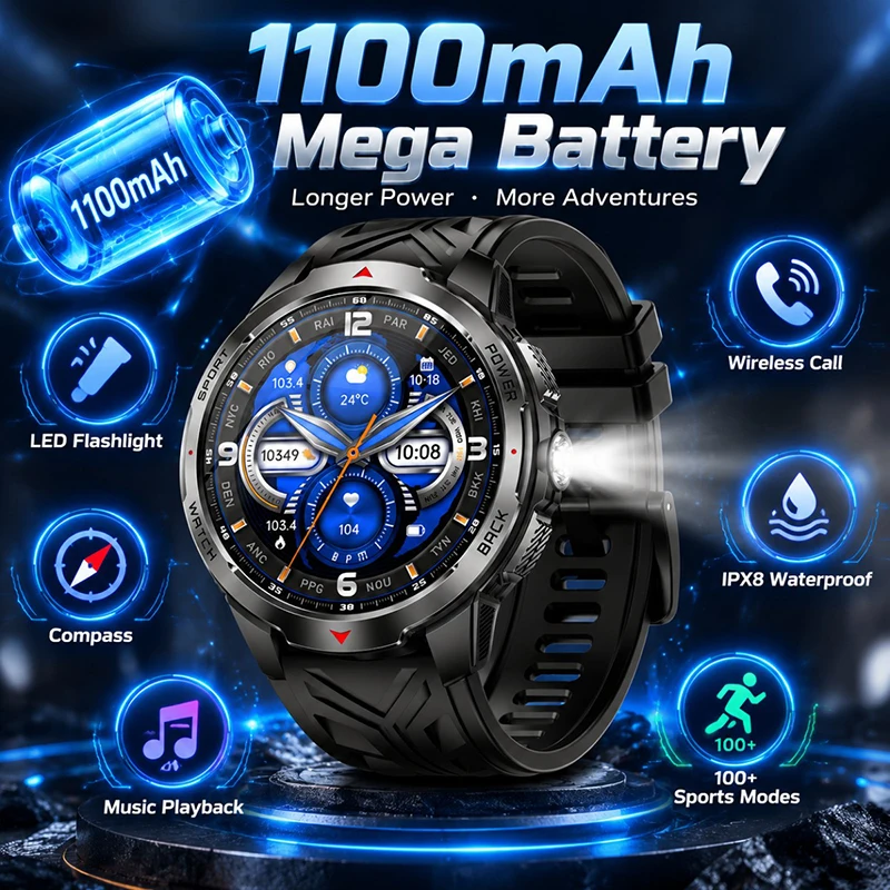 1100mAh Super Capacity Battery Military Outdoor Smart Watch Men 1.7inch Screen Compass Bluetooth Call 3ATM Waterproof SmartWatch