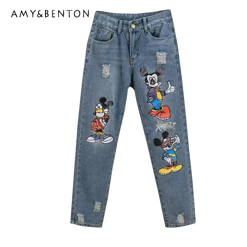 Potdemiel Cartoon Jeans Women 2023 Spring Summer Ripped Print High Waist Loose Slimming Cropped Harem Pants Long Baggy Trousers