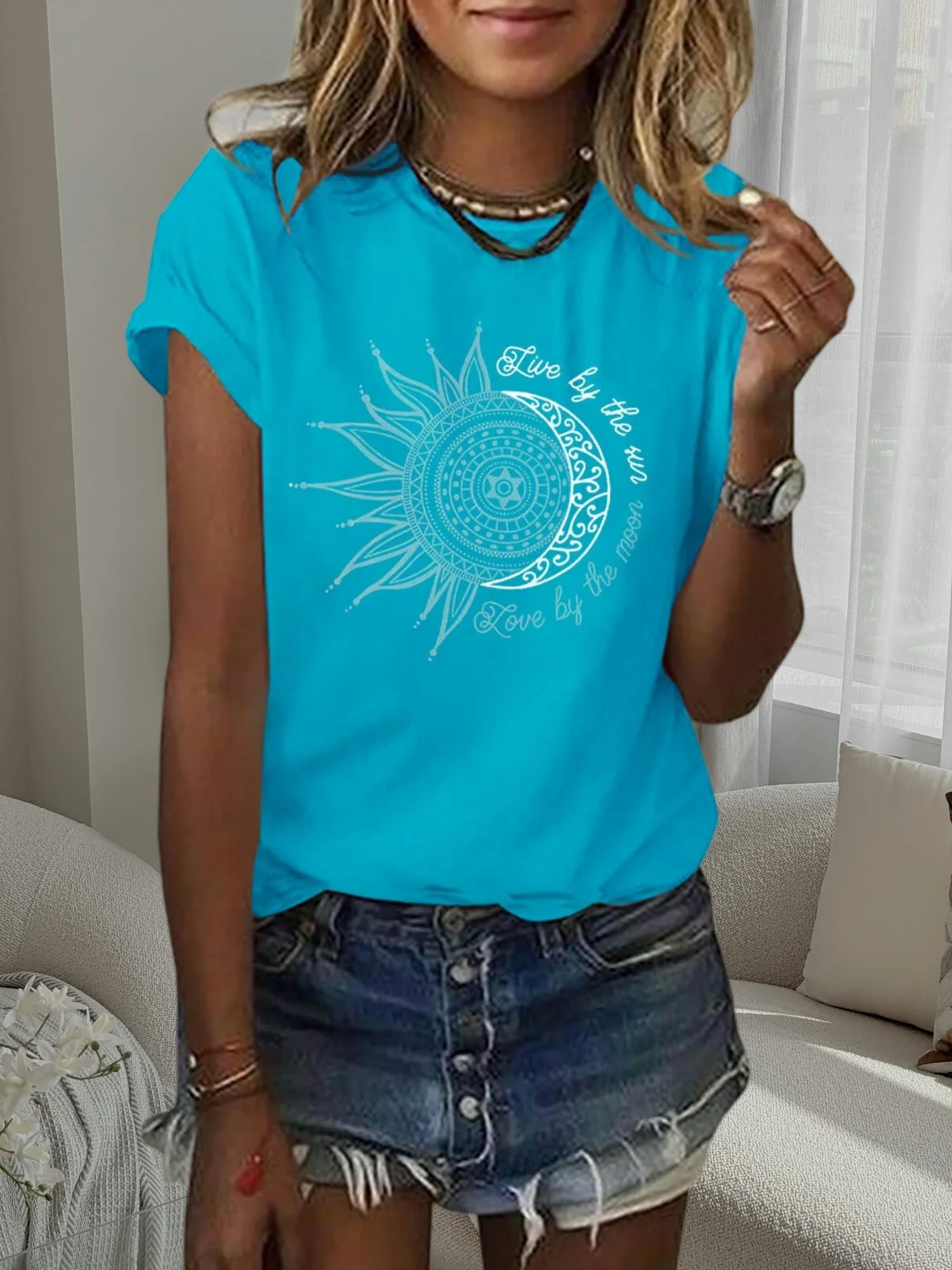 レディース サマー ヴィンテージ サン＆ムーン グラフィック Tシャツ 半袖 カジュアル ルーズ プリント トップス