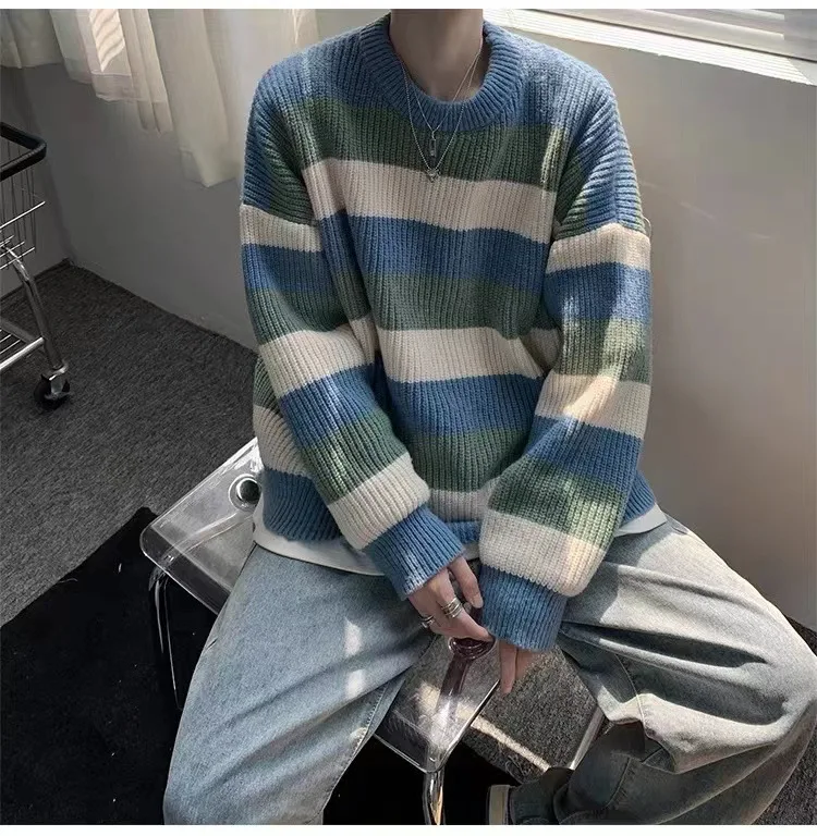 Contrasting Color Round Neck Sweater for Men Autumn and Winter New Casual Versatile Knitwear Base Sweater