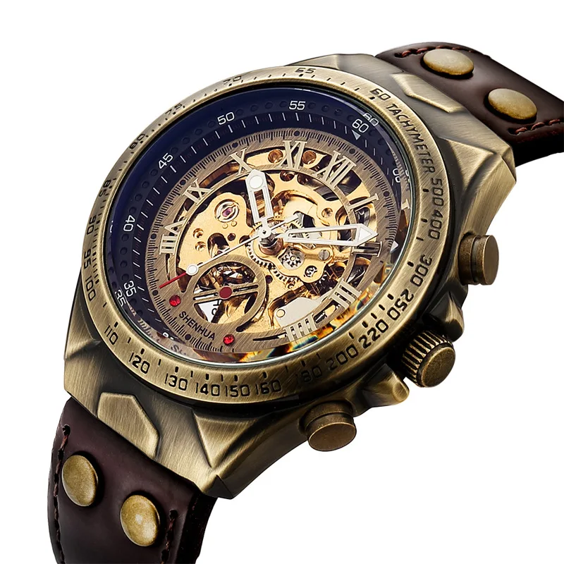 SHENHUA Skeleton Mechanical Watch Men Leather Strap Hollow Out Automatic Wristwatch Luxury Self-winding Relogio Masculine Gift