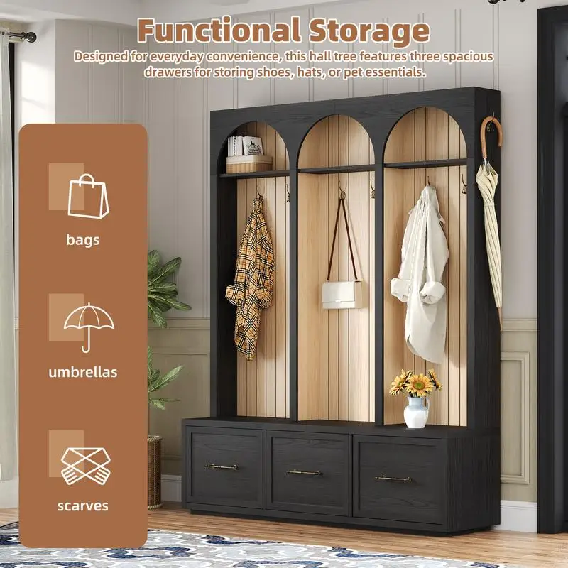 Elegante albero da ingresso in legno con design ad arco, panca da ingresso larga 59", 8 ganci retrò, appendiabiti rustico e organizer per scarpe con 3