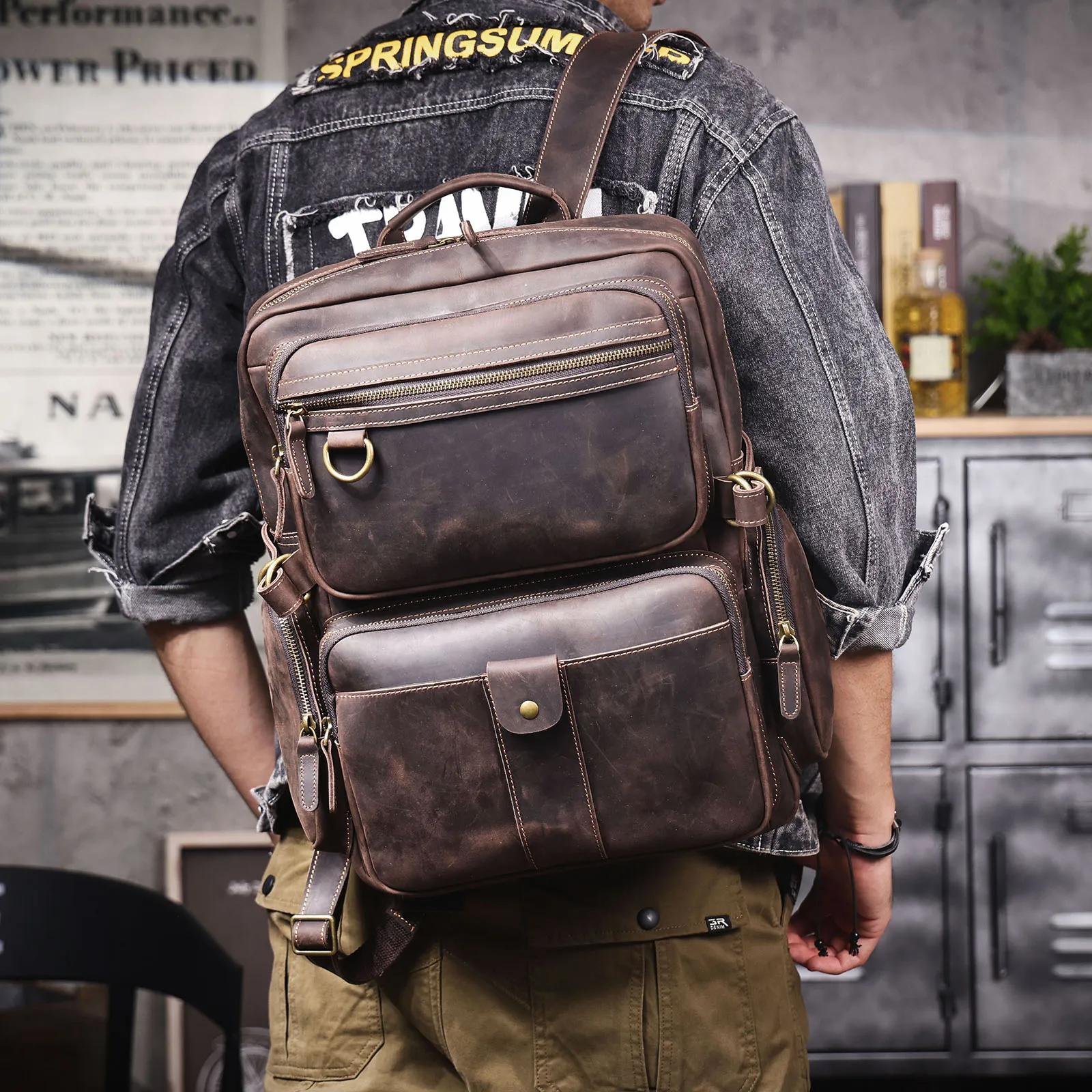 S.WORKER Vintage Echtleder-Rucksack Laptop-Tasche Casual Crazy-Horse-Leder Schultasche Outdoor-Reise-Weekender-Tasche – Detail 4
