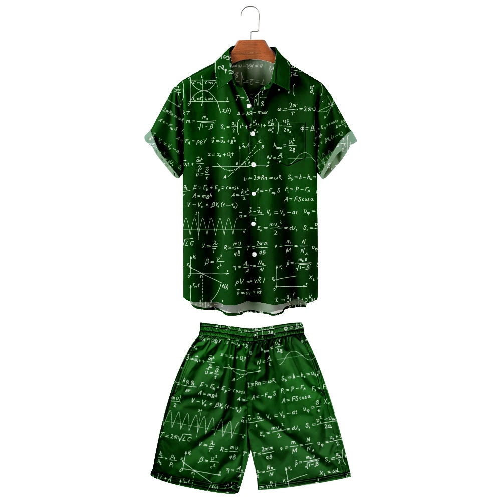 

2022 men's set printed stitched Lapel short sleeve casual shirt beach shorts summer street wear Hawaii mathematical formula men