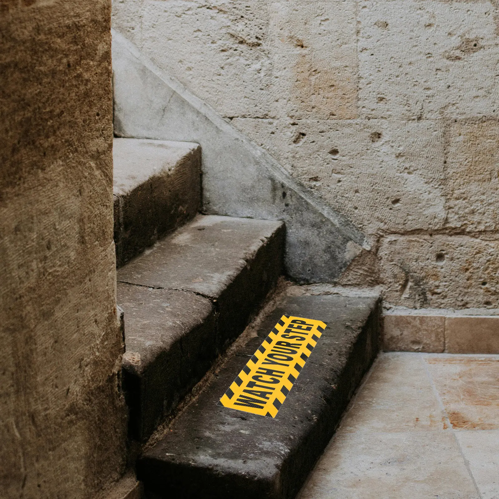 4Pcs Watch Your Step Floor Decals High Visibility Black Yellow Anti Slip Stickers for Stairs Walkways Offices Schools Malls