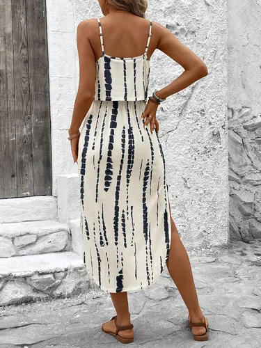 Imagen 2 del producto Vestido de verano con tirantes finos para mujer con cinturón y abertura lateral - Vestido fluido informal sin mangas