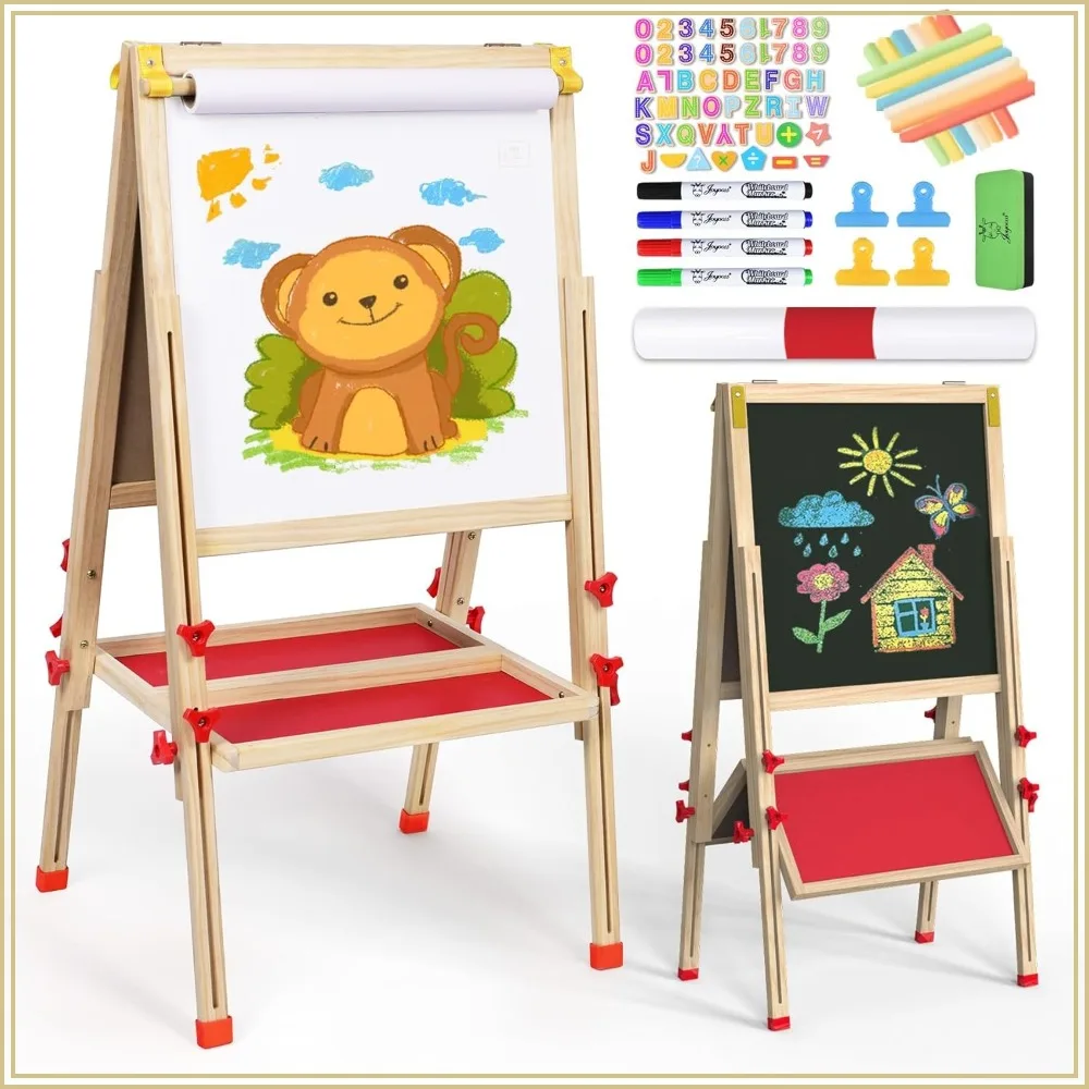 

Double-Sided Kids Art Easel, Foldable Standing Drawing Board with Paper Roll, Magnetic Chalkboard & Whiteboard, Adjustable Height, Gift for Toddlers 2-12 Years